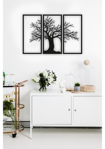 Siyah Ahşap 3 Parça Ağaç Duvar Dekoru Salon Oturma Yatak Odası Için 80 x 55 cm Tablo Seti