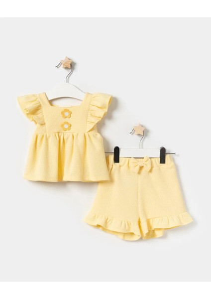 Kız Bebek Pamuklu Sarı Çiçekli Fırfır Detaylı Takım fiyatları