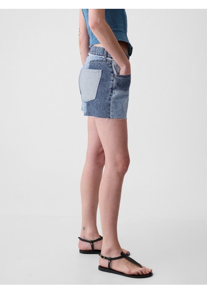 Kadın Mavi 4" Low Rise Stride Patchwork Denim Şort