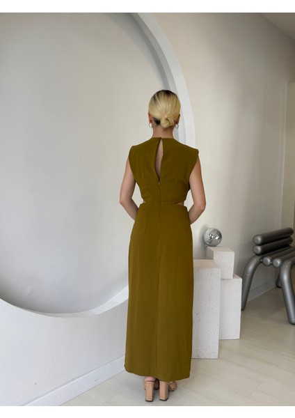 Yağ Yeşili Gold Tokalı Bel Detaylı Elbise fiyatları
