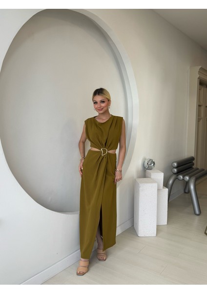Yağ Yeşili Gold Tokalı Bel Detaylı Elbise modelleri