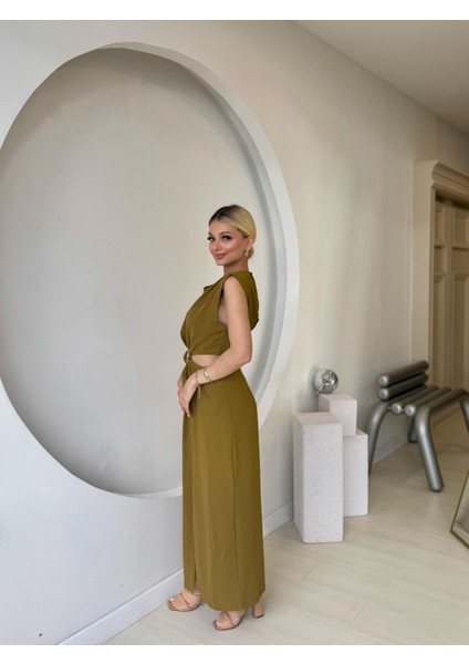 Yağ Yeşili Gold Tokalı Bel Detaylı Elbise indirimleri