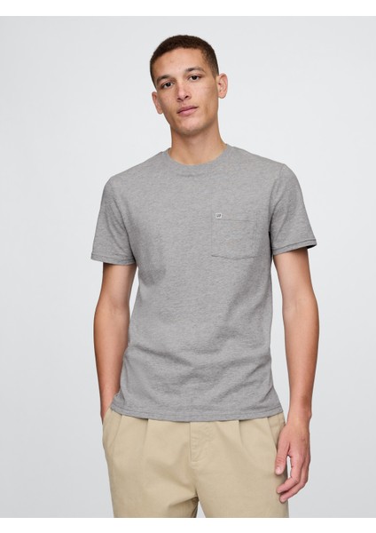 Erkek Gri Organik Pamuk Cepli T-Shirt
