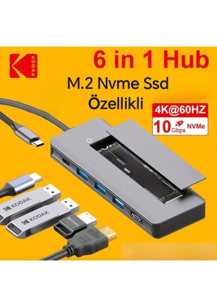 6'nın 1'i M.2 Nvme Ssd Fonksiyonlu Çoğaltıcı Hub 10Gbps Type-C Pd 100W Usb 3.1 Hdmi 60Hz 4K CE/FC/Rohs Lisanslı Orjinal Metal