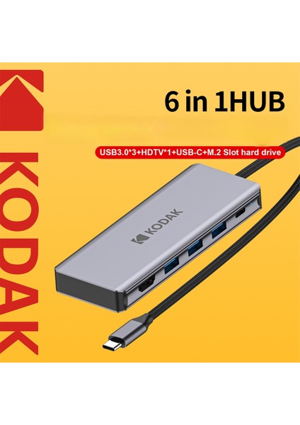 6'nın 1'i M.2 Nvme Ssd Fonksiyonlu Çoğaltıcı Hub 10Gbps Type-C Pd 100W Usb 3.1 Hdmi 60Hz 4K CE/FC/Rohs Lisanslı Orjinal Metal