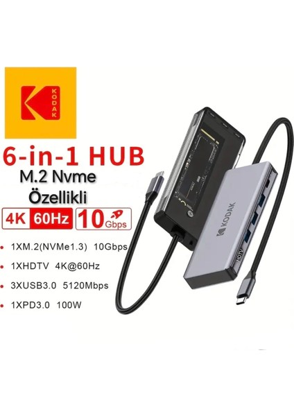 6'nın 1'i M.2 Nvme Ssd Fonksiyonlu Çoğaltıcı Hub 10Gbps Type-C Pd 100W Usb 3.1 Hdmi 60Hz 4K CE/FC/Rohs Lisanslı Orjinal Metal