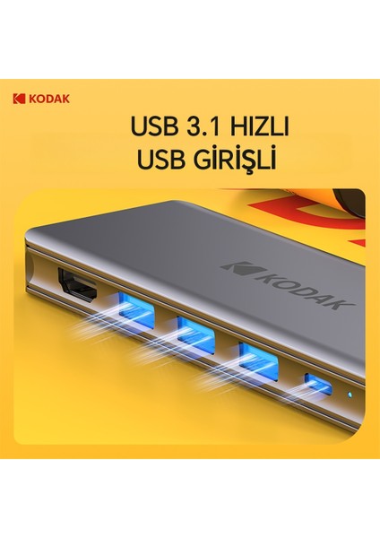 6'nın 1'i M.2 Nvme Ssd Fonksiyonlu Çoğaltıcı Hub 10Gbps Type-C Pd 100W Usb 3.1 Hdmi 60Hz 4K CE/FC/Rohs Lisanslı Orjinal Metal