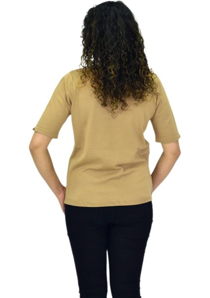 Kadın Yarım Kol V Yaka Yaka Sırt Detaylı Triko Tişöt 12837 BGL-ST04658