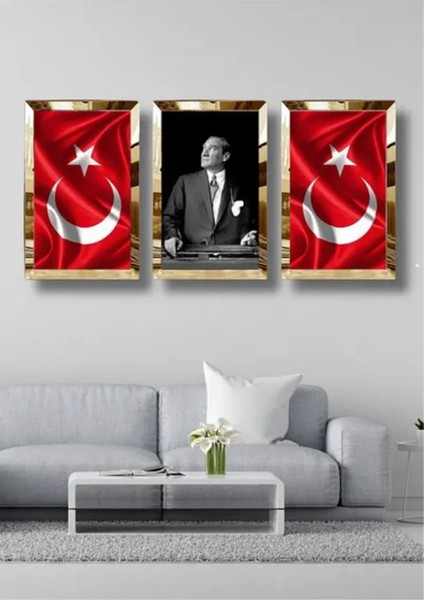 3'lü Gold Pleksi Çerçeveli Tablo Seti Atatürk ve Türk Bayrağı Salon Oturma Yatak Çocuk Odası Ofis Antre Için Duvar Dekoru