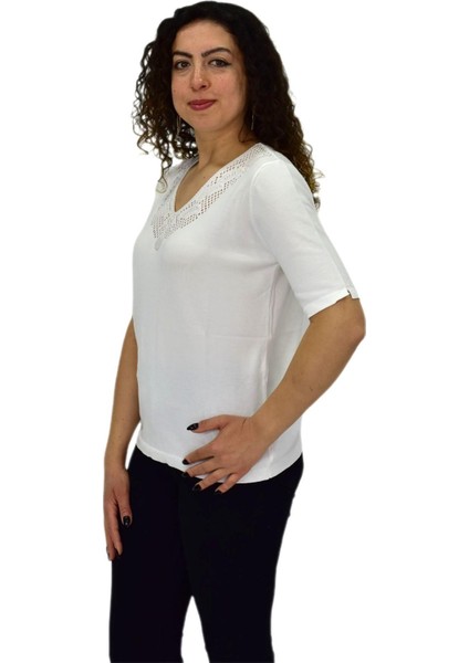Kadın Yarım Kol V Yaka Yaka Sırt Detaylı Triko Tişöt 12837 BGL-ST04658 fiyatları