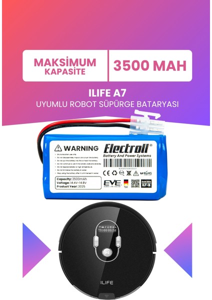 Ilıfe A7 Uyumlu Batarya (Maksimum Kapasite) 3500mah Pil Robot Süpürge Bataryası