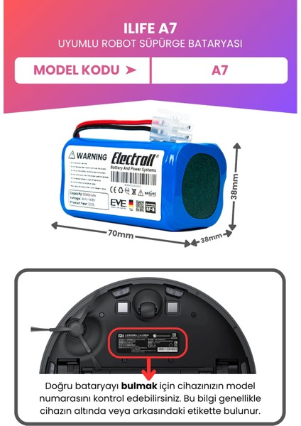Ilıfe A7 Uyumlu Batarya (Maksimum Kapasite) 3500mah Pil Robot Süpürge Bataryası fiyatları