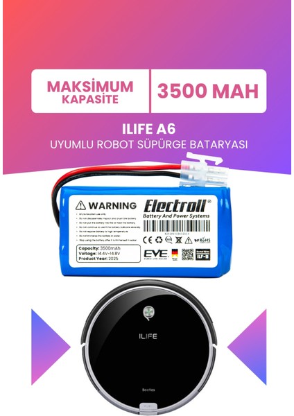 Ilıfe A6 Uyumlu Batarya (Maksimum Kapasite) 3500mah Pil Robot Süpürge Bataryası