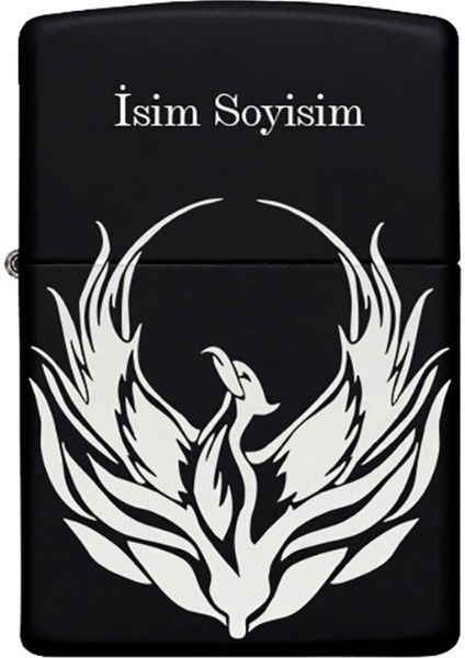 Anka Kuşu Desenli Kişiye Özel Isimli Zippo Çakmak Benzinli Siyah Metal Çakmak 2