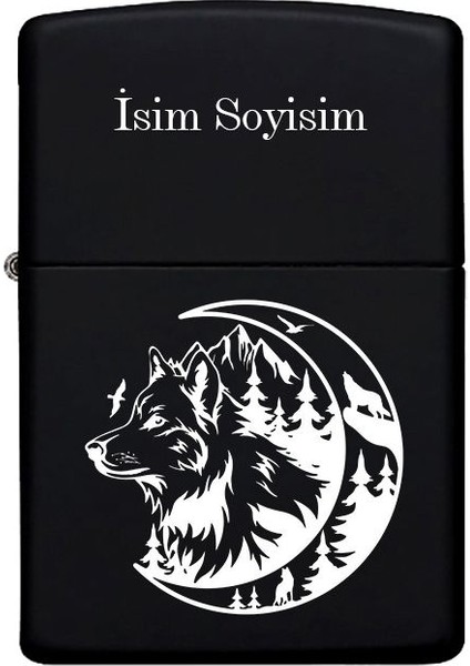 Kurt Desenli Kişiye Özel Isimli Benzinli Siyah Metal Çakmak 10