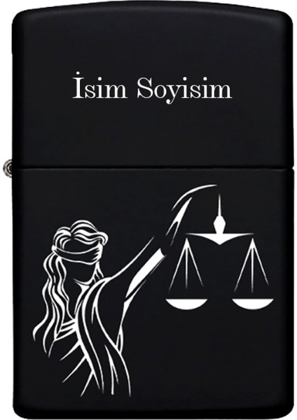Adalet Terazisi Desenli Kişiye Özel Isimli Zippo Çakmak Benzinli Siyah Metal Çakmak