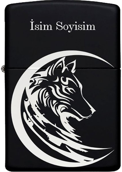 Kurt Desenli Kişiye Özel Isimli Benzinli Siyah Metal Çakmak 3