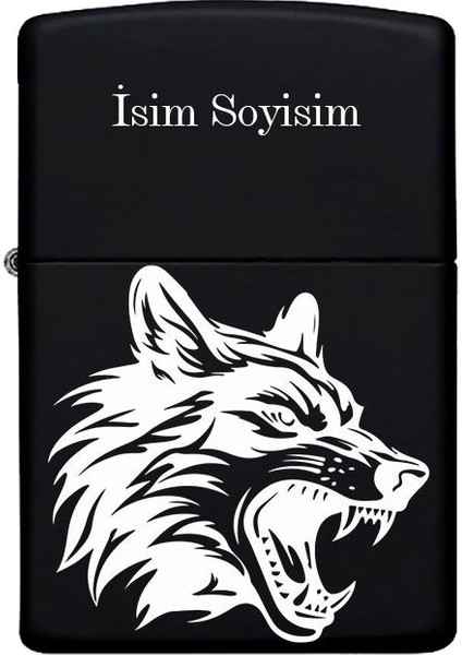 Kurt Desenli Kişiye Özel Isimli Benzinli Siyah Metal Çakmak 9