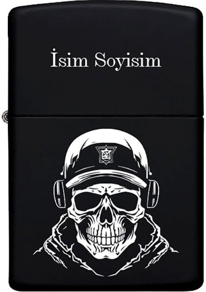 Kurukafa Desenli Kişiye Özel Isimli Benzinli Siyah Metal Çakmak