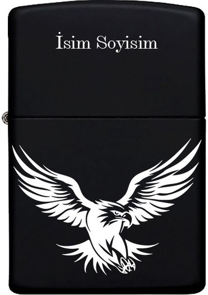 Kartal Desenli Kişiye Özel Isimli Benzinli Siyah Metal Çakmak 66