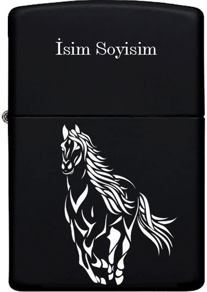 At Desenli Kişiye Özel Isimli Benzinli Siyah Metal Çakmak 60