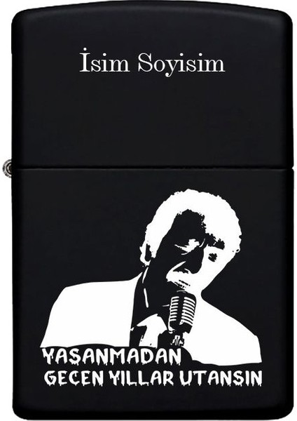 Müslüm Baba Desenli Kişiye Özel Isimli Benzinli Siyah Metal Çakmak