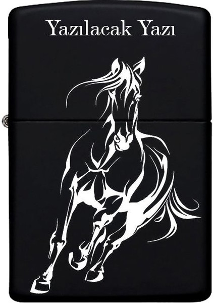 At Desenli Kişiye Özel Isimli Benzinli Siyah Metal Çakmak