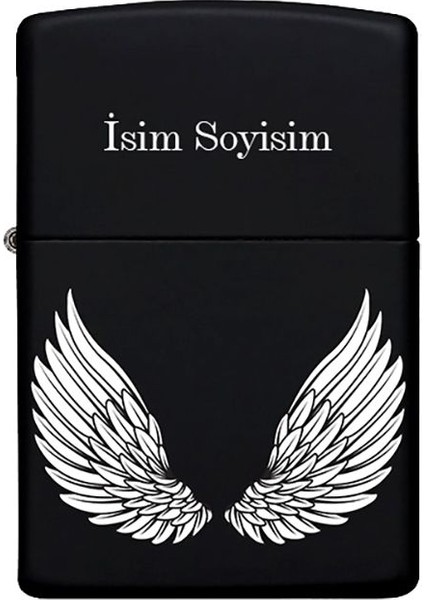 Kanat Desenli Kişiye Özel Isimli Benzinli Siyah Metal Çakmak 3
