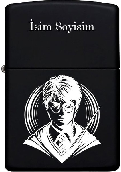 Harry Potter Desenli Kişiye Özel Isimli Benzinli Siyah Metal Çakmak
