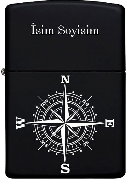 Pusula Desenli Kişiye Özel Isimli Benzinli Siyah Metal Çakmak