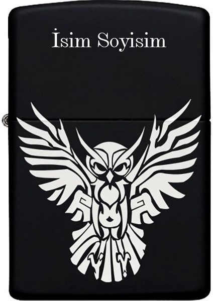 Baykuş Desenli Kişiye Özel Isimli Benzinli Siyah Metal Çakmak 34