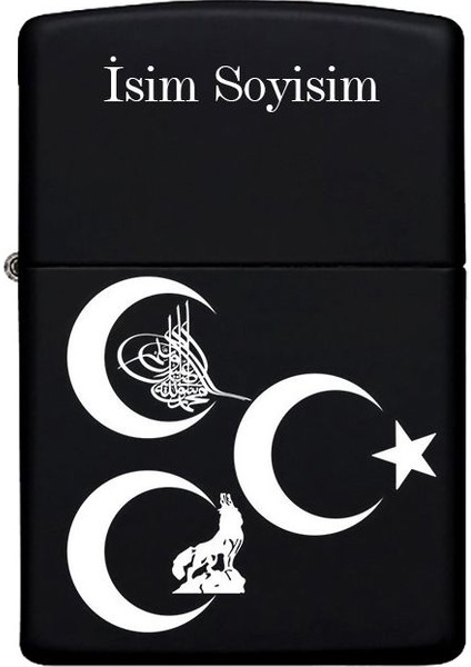 Tuğra Üç Hilal Kurt Desenli Kişiye Özel Isimli Benzinli Siyah Metal Çakmak