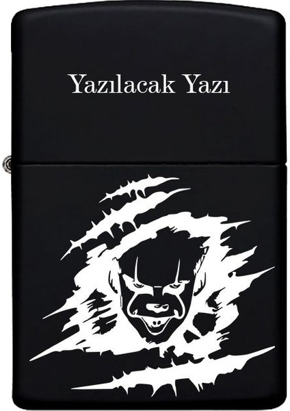 Pennywise Desenli Kişiye Özel Isimli Benzinli Siyah Metal Çakmak