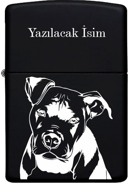 Köpek Desenli Kişiye Özel Isimli Benzinli Siyah Metal Çakmak