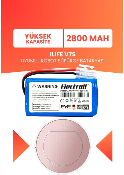 Ilıfe V7s Uyumlu Batarya (Yüksek Kapasite) 2800mah Pil Robot Süpürge Bataryası