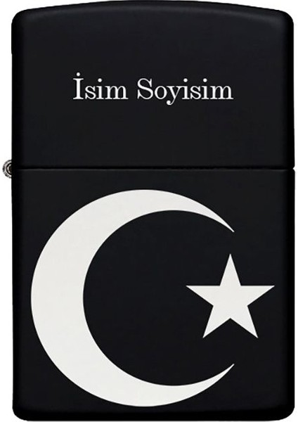 Ay Yıldız Desenli Kişiye Özel Isimli Benzinli Siyah Metal Çakmak 21