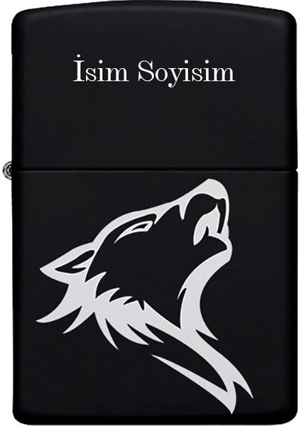 Kurt Desenli Kişiye Özel Isimli Benzinli Siyah Metal Çakmak 2