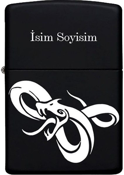 Yılan Desenli Kişiye Özel Isimli Benzinli Siyah Metal Çakmak 40