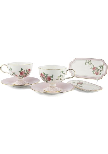 Peachy 6 Parça 2'li Çay Fincan Set 220CC Sofra Mutfak Porselen Mini Lokumluklu