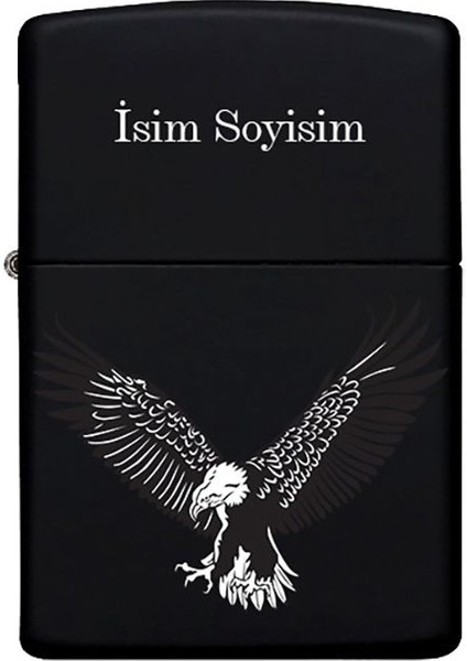 Kartal Desenli Kişiye Özel Isimli Benzinli Siyah Metal Çakmak