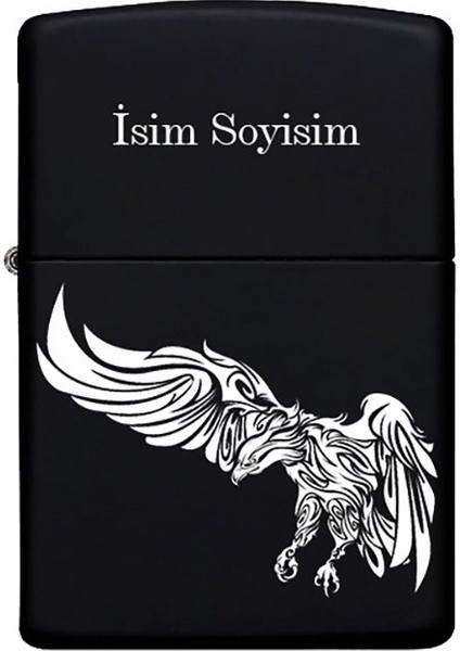 Kartal Desenli Kişiye Özel Isimli Benzinli Siyah Metal Çakmak 2