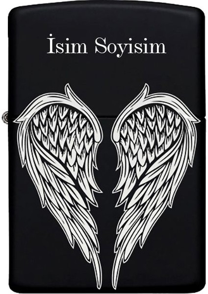 Kanat Desenli Kişiye Özel Isimli Benzinli Siyah Metal Çakmak