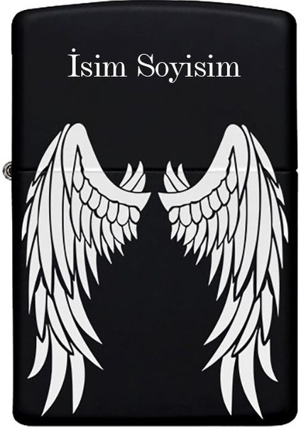 Kanat Desenli Kişiye Özel Isimli Benzinli Siyah Metal Çakmak 2