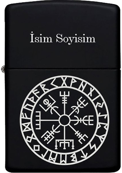 Pusula Desenli Kişiye Özel Isimli Benzinli Siyah Metal Çakmak 20
