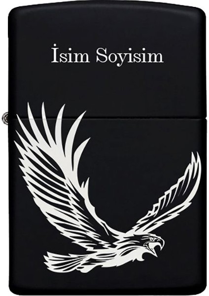 Kartal Desenli Kişiye Özel Isimli Benzinli Siyah Metal Çakmak 4