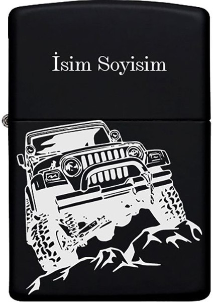 Offroad Desenli Kişiye Özel Isimli Benzinli Siyah Metal Çakmak