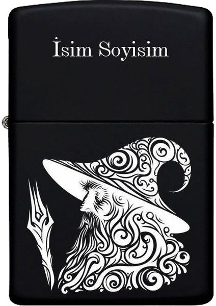 Lotr Büyücü Desenli Kişiye Özel Isimli Benzinli Siyah Metal Çakmak