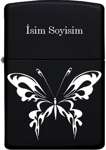 Kelebek Desenli Kişiye Özel Isimli Benzinli Siyah Metal Çakmak 2