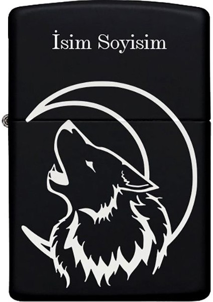 Kurt Desenli Kişiye Özel Isimli Benzinli Siyah Metal Çakmak 6