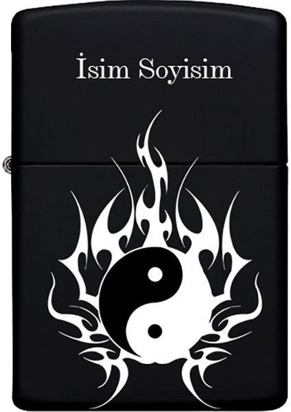 Ying Yang Desenli Kişiye Özel Isimli Benzinli Siyah Metal Çakmak